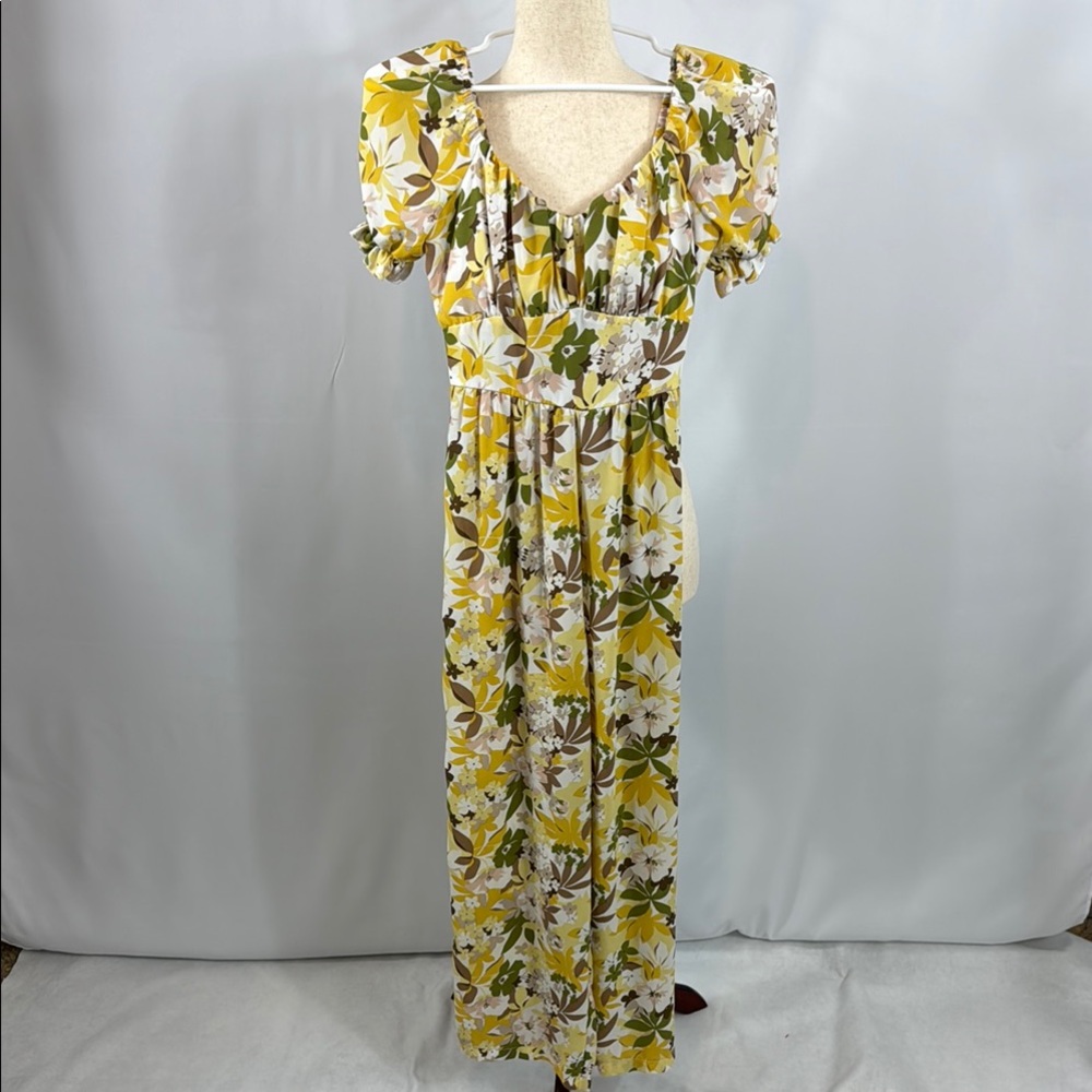 Inspired Hearts Floral Jumpsuit - Yellow, Green, White, Brown - Size S